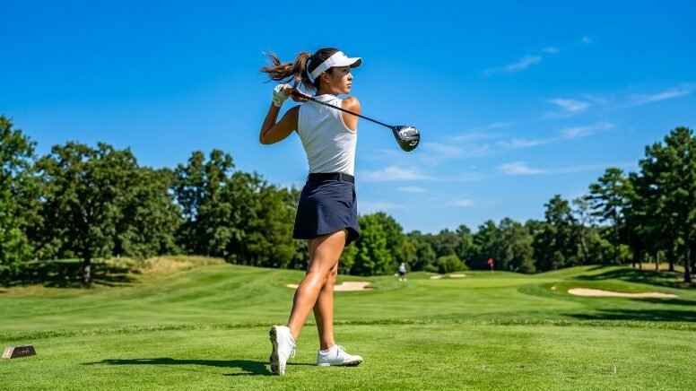 Female golfer in a white top and navy skirt follows through on her golf swing on a sunny green fairway.