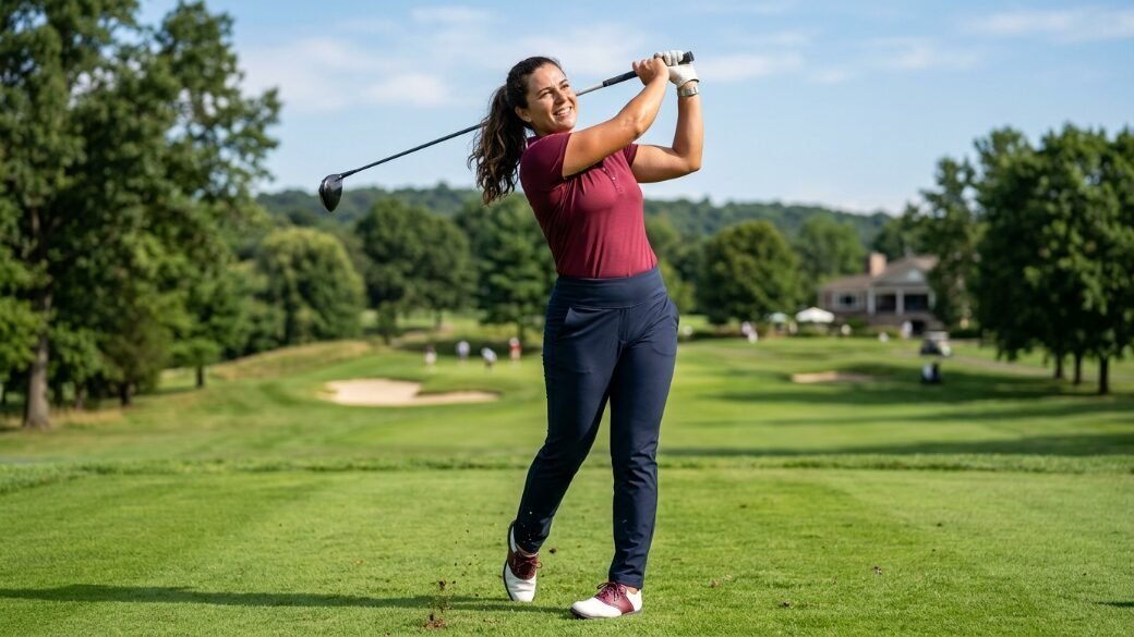 A cheerful woman wearing a maroon polo shirt and navy pants follows through her golf swing on a bright fairway.