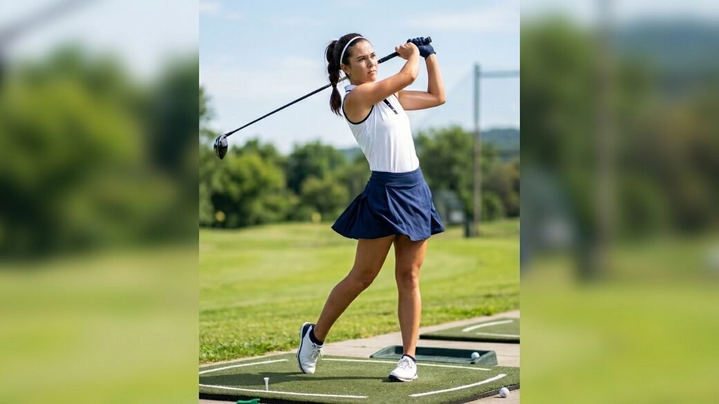 Young woman wearing a navy skirt and white polo shirt hitting a golf ball at a driving range.