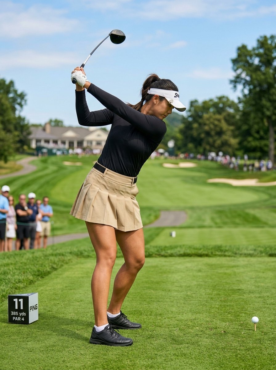 A female golfer in a black long-sleeve shirt and tan pleated skirt swings her driver at a golf course.