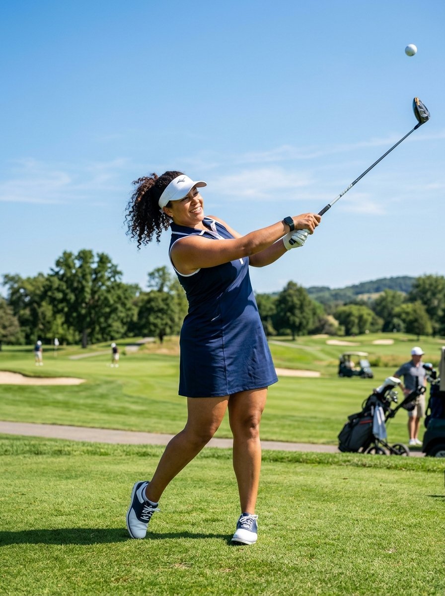 Curly haired female golfer in a navy dress following through her golf swing on a sunny day.