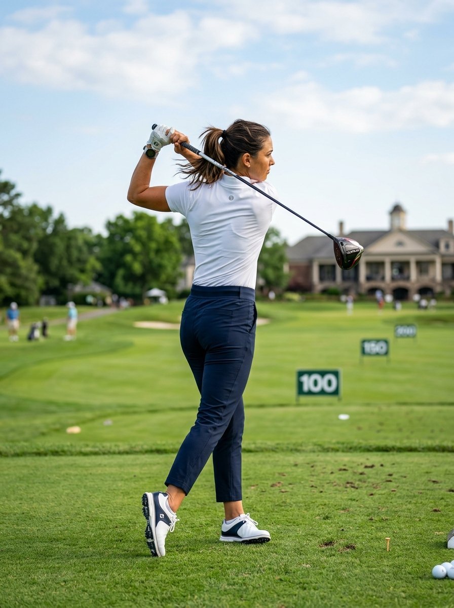 Woman in white shirt and navy pants swinging a golf club on a sunny driving range.