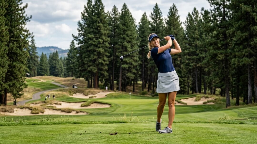 A blonde woman in a navy shirt and grey skirt completes a powerful golf swing on a lush green fairway.
