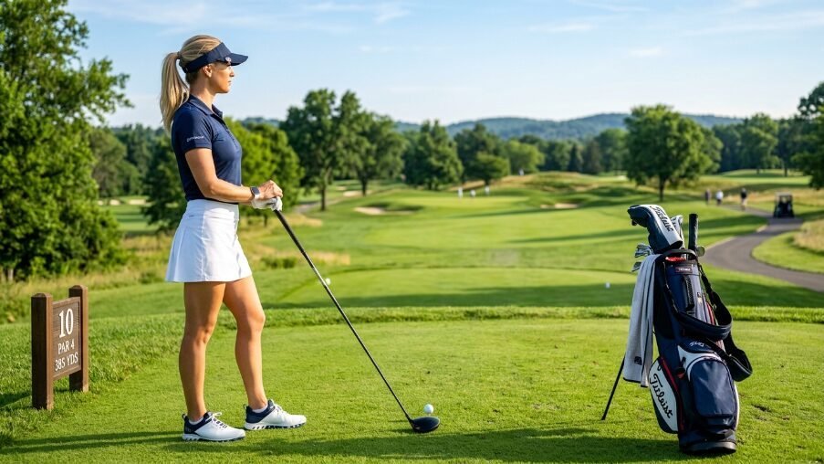 A blonde woman in athletic attire prepares to drive a golf ball on a scenic green course with a bag nearby.