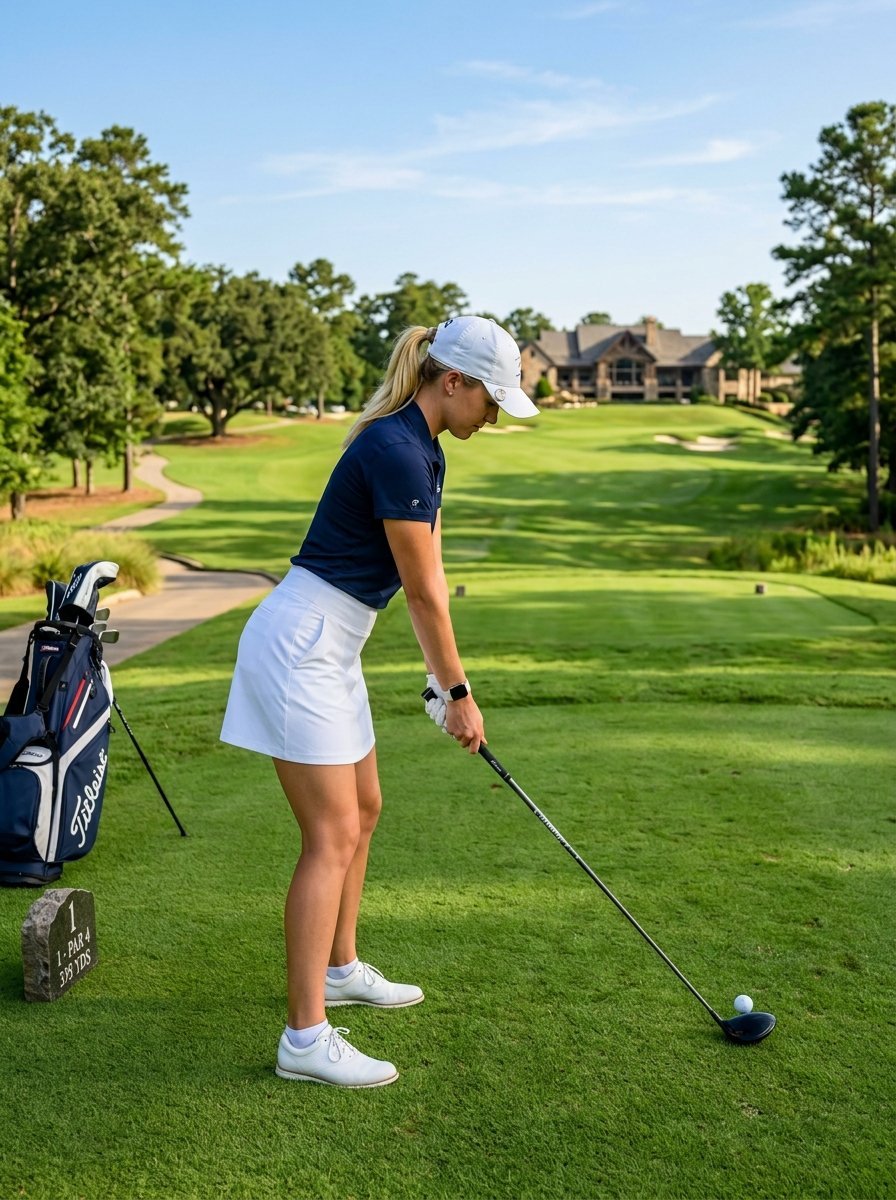 Blonde woman in golf attire standing at the tee box with a driver ready to hit the ball.
