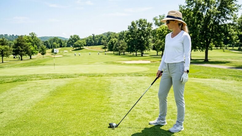 Golfer standing on the fairway with a driver club resting behind a ball on a tee.
