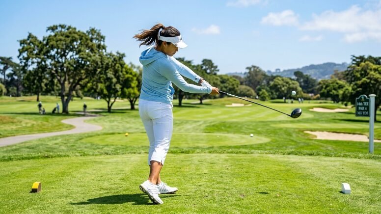 Golfer in white cap and light blue hoodie swinging a driver on a bright sunny day at a golf course.