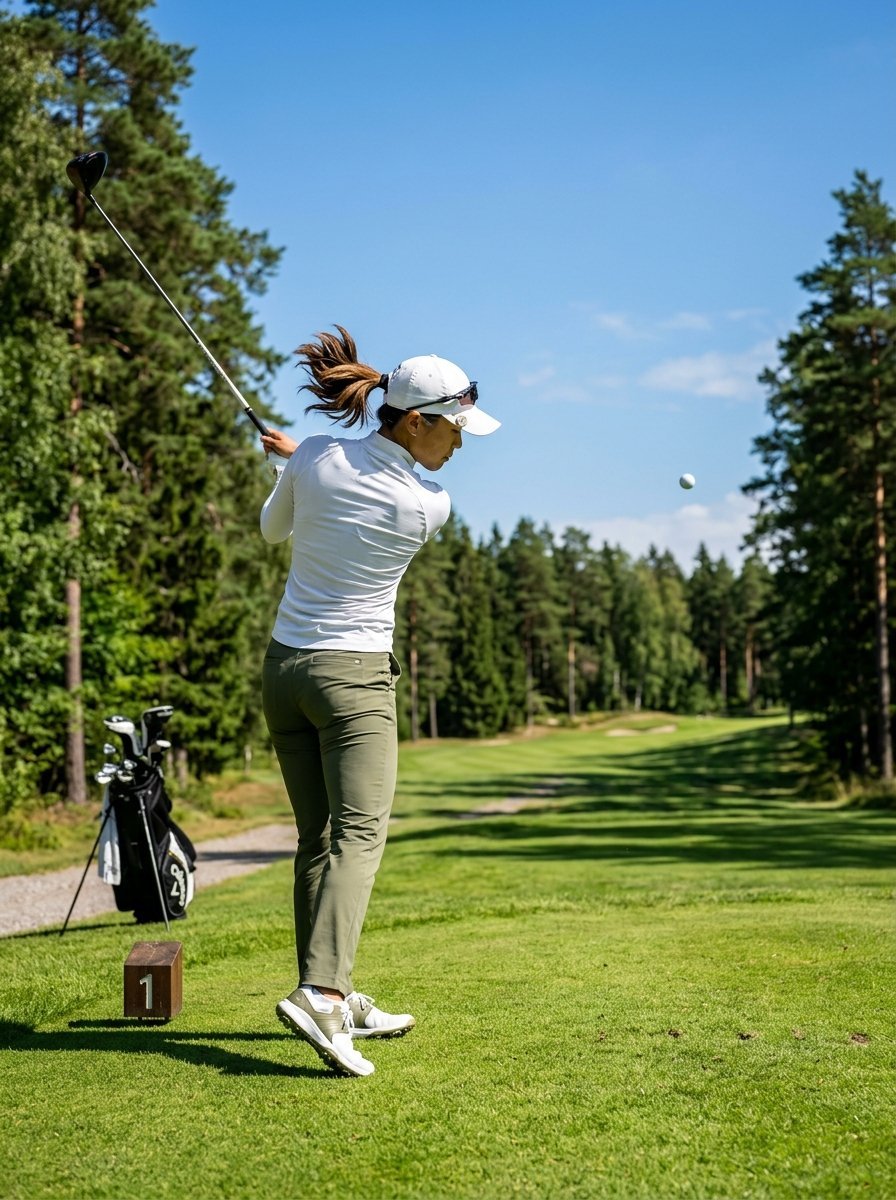 Golfer wearing a white shirt and olive pants swings her club on a sunny pine forest golf course.