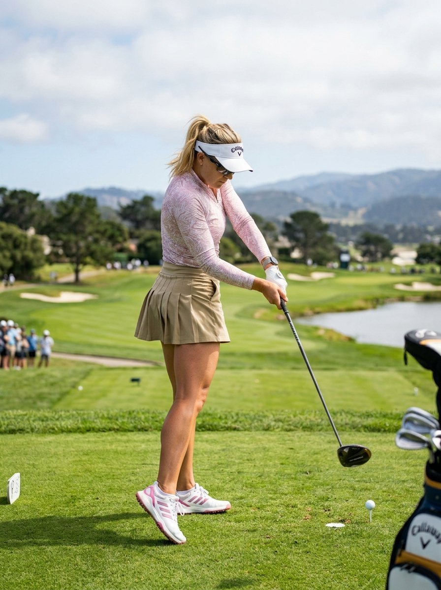 Professional female golfer wearing a patterned long sleeve shirt hitting a ball from a scenic grassy tee box.