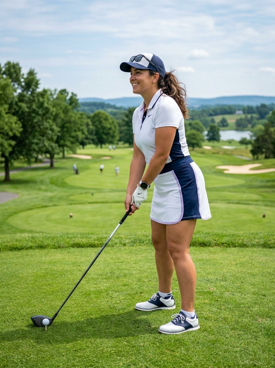 A woman in a white polo and skirt holds a golf club, standing on a lush green tee box with a ball on a tee.