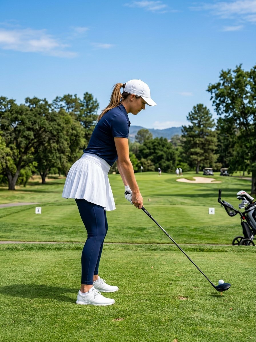 Female golfer in a navy shirt and white pleated skirt standing in a golf stance on a sunny course.
