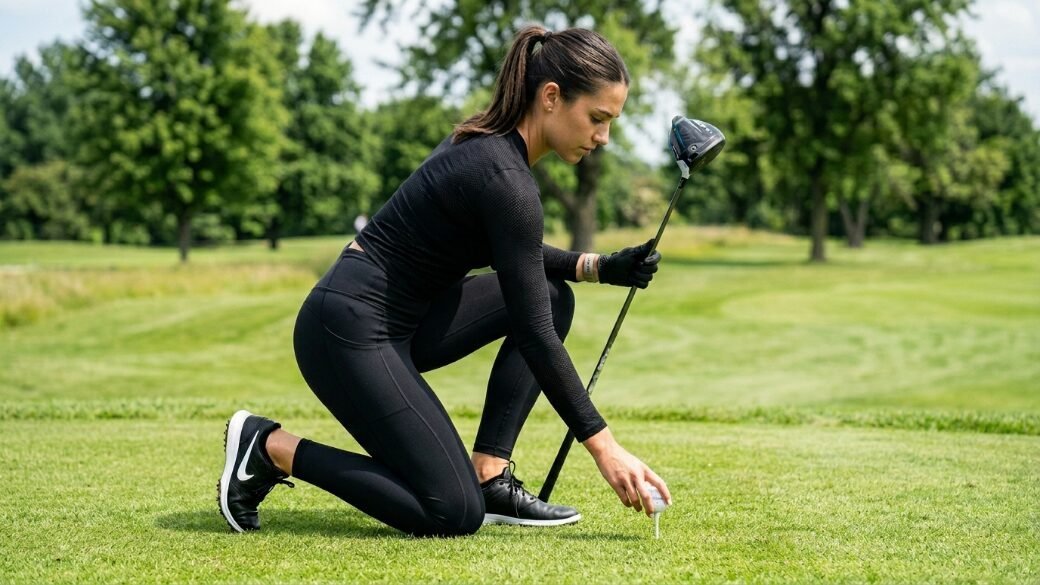 Golfer in all-black attire placing a white ball on a tee while holding a driver on a lush green course.
