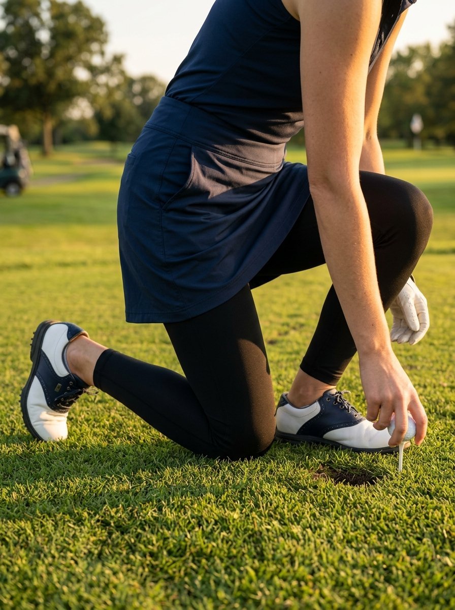 Golfer wearing a navy skort and leggings kneels on green grass while placing a golf ball on a tee.