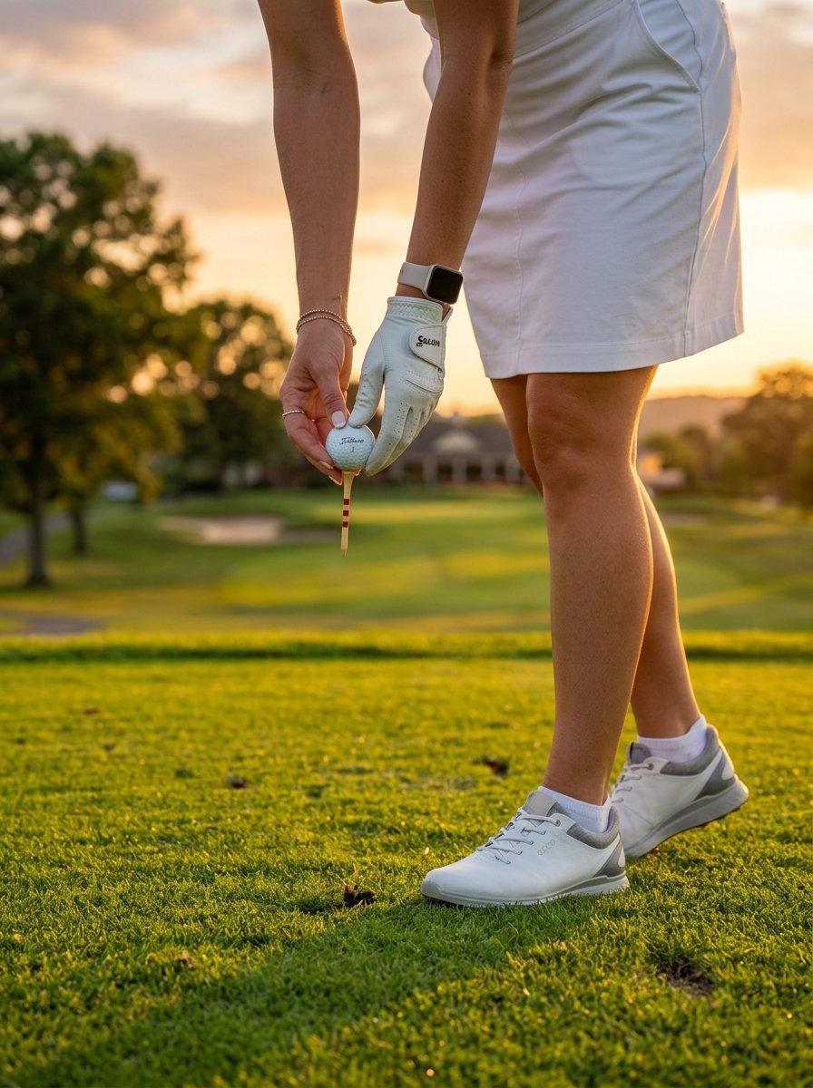 Golfer wearing white shoes and a glove placing a ball on a red and white tee on the green at golden hour.