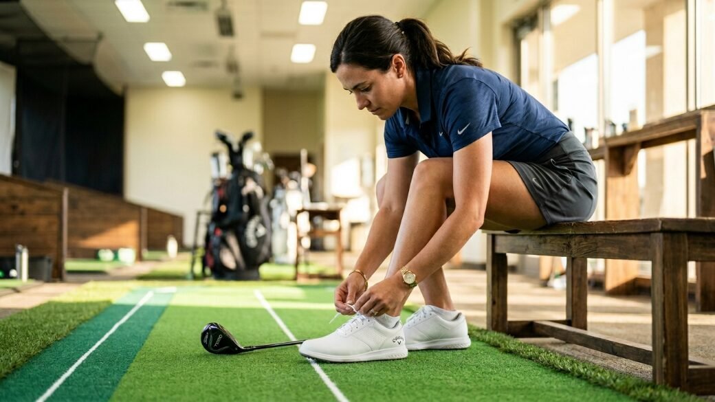 Woman in athletic gear sitting on a bench while tying her white golf shoes on an indoor practice green.