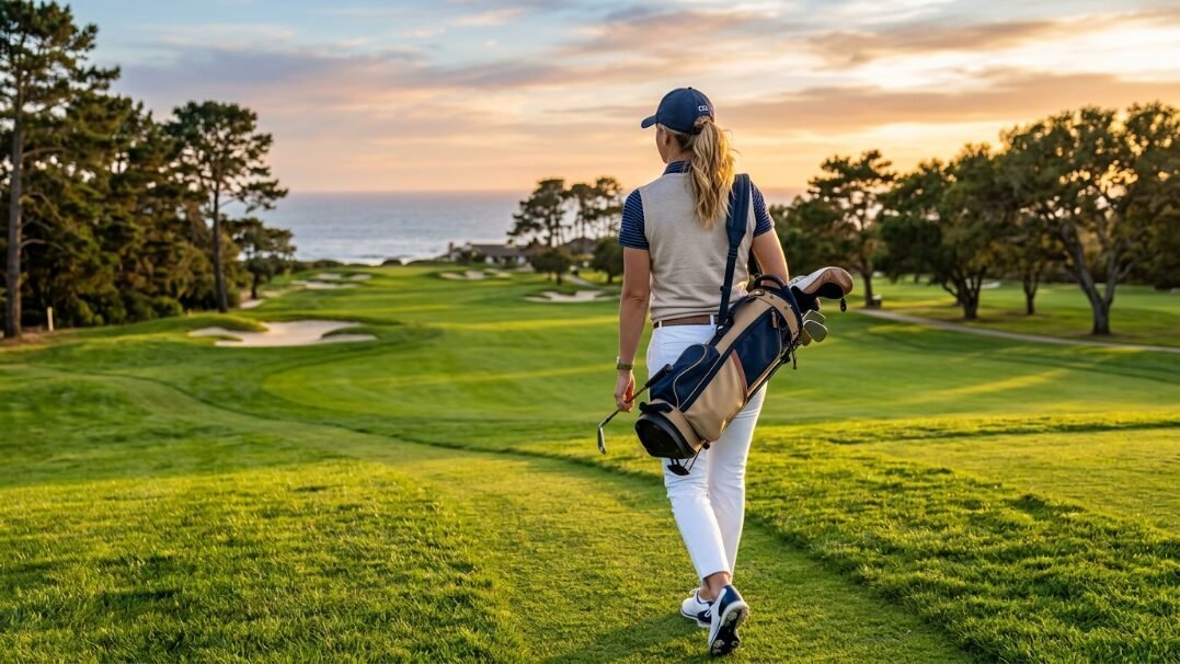 A blonde woman in a cap carries a golf bag across a green course overlooking the Pacific Ocean.