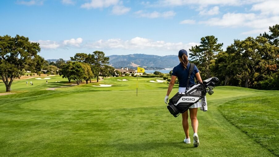 A female golfer walks across a scenic fairway toward the eighteenth flag on a sunny day.