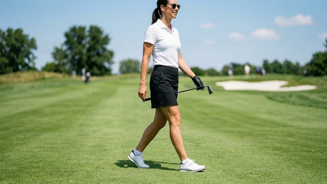 Golfer in a white polo and black skirt walking across a green fairway on a bright summer day.