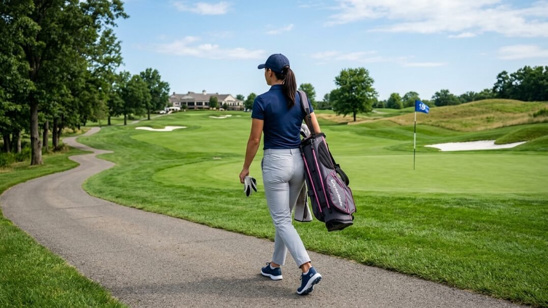 A female golfer in a blue shirt and cap carries a golf bag down a paved path toward the 18th hole.