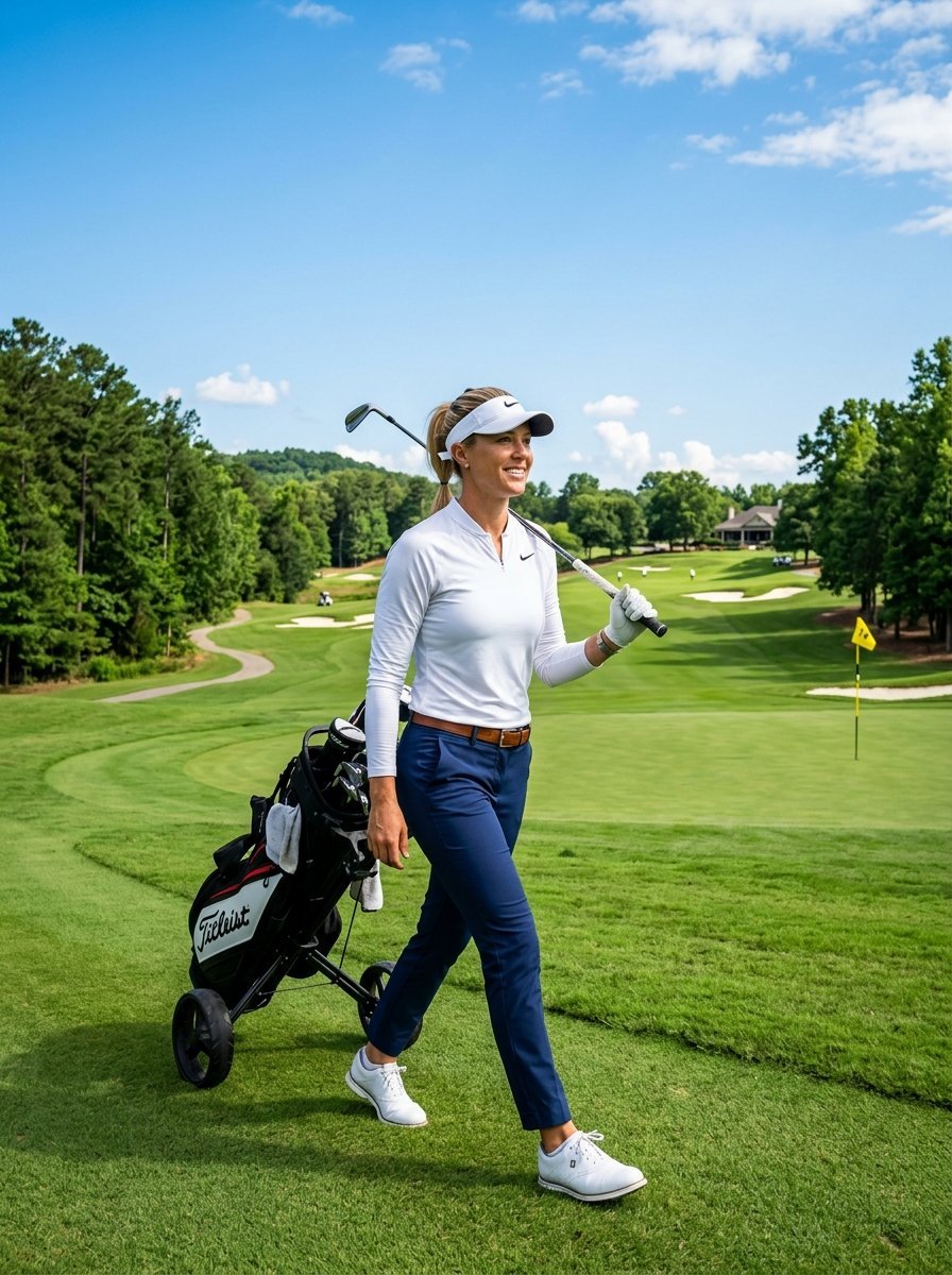 A smiling woman golfer wearing a white visor and carrying her Titleist bag across a golf course.
