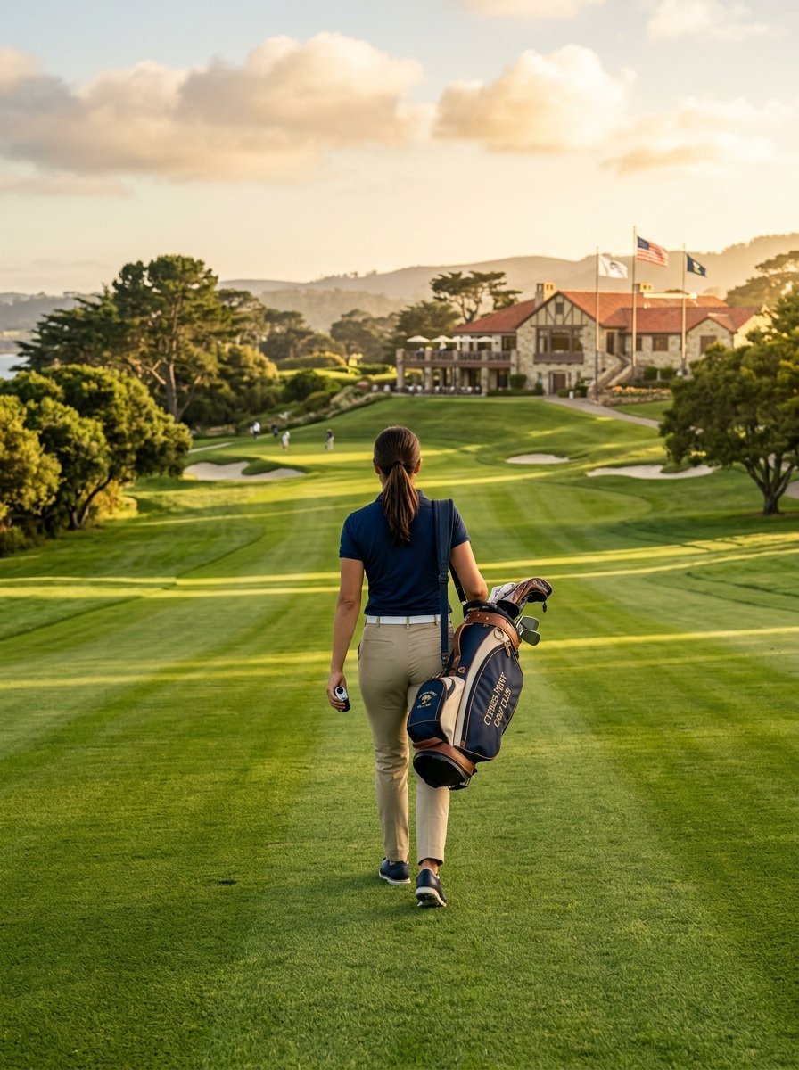 A woman carrying a golf bag walks toward a stone clubhouse on a sunny golf course.