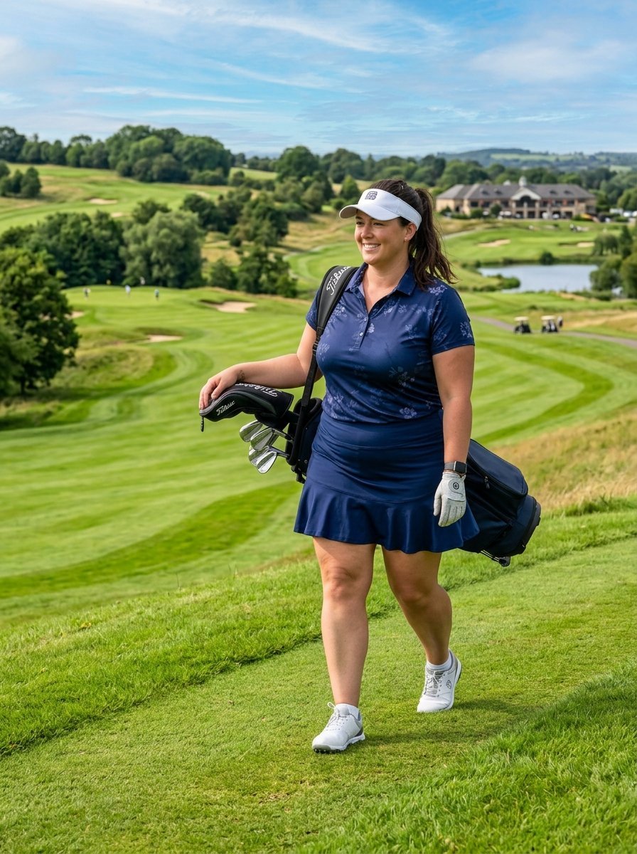 A woman in a navy outfit with a visor walks across a green golf course while carrying a large golf bag.
