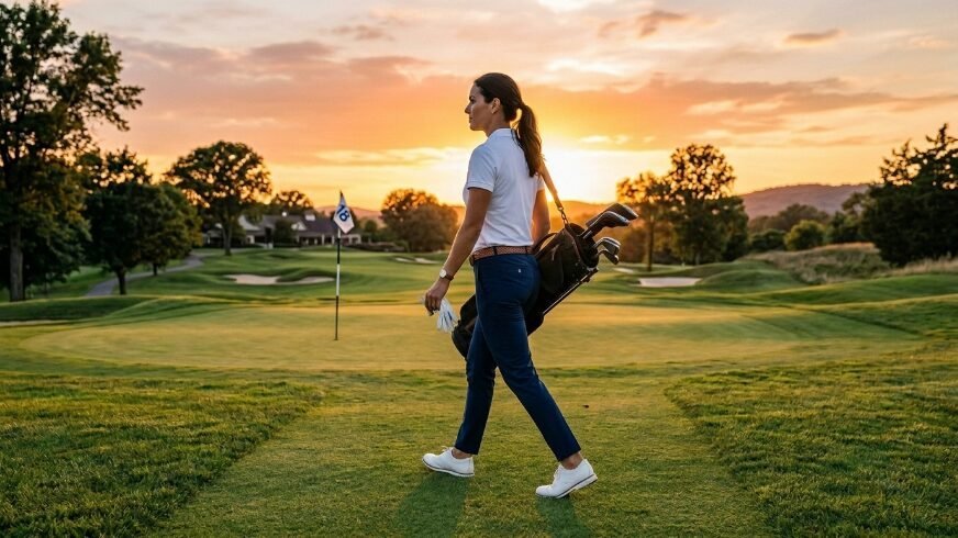 A female golfer in white shirt and blue trousers walking on a fairway with her clubs during golden hour.
