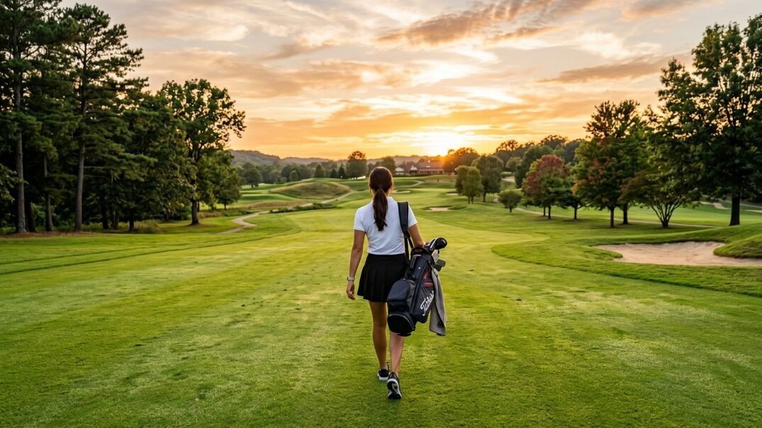 Woman walking down a lush green golf course fairway during golden hour