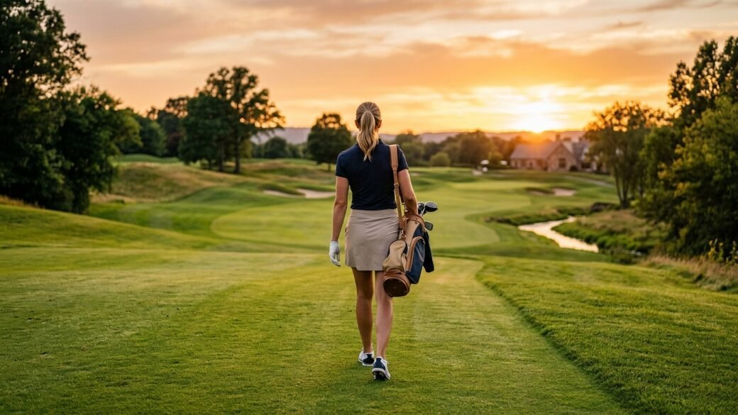 Back view of a woman carrying a golf bag down a green fairway at sunset.
