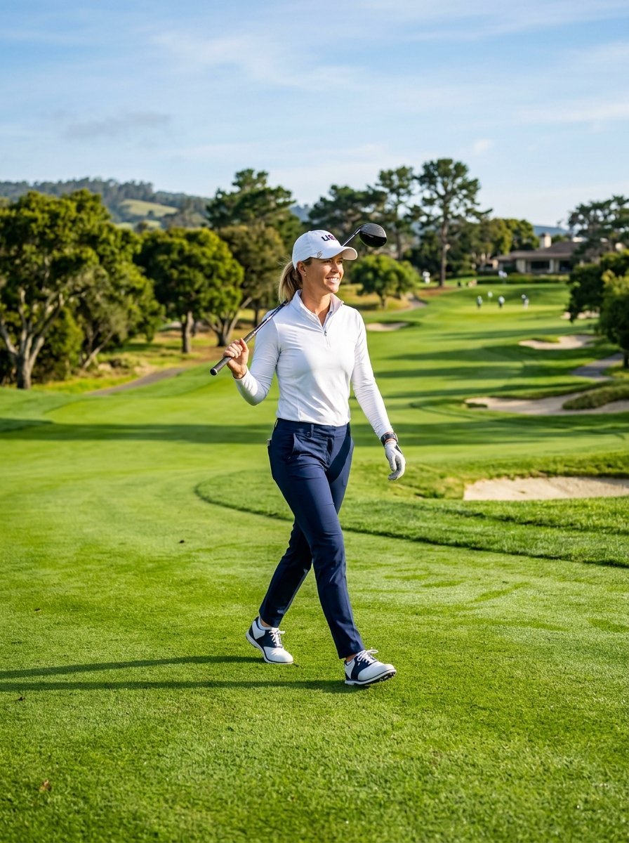 A blonde woman in a white polo and navy pants walking along a lush green golf course with a club on her shoulder.