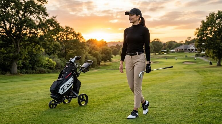 A female golfer carrying a club walks on the fairway next to a push cart during golden hour.