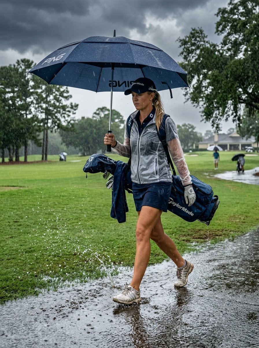 Woman in rain gear walking through a puddle on a golf course while holding a large umbrella.