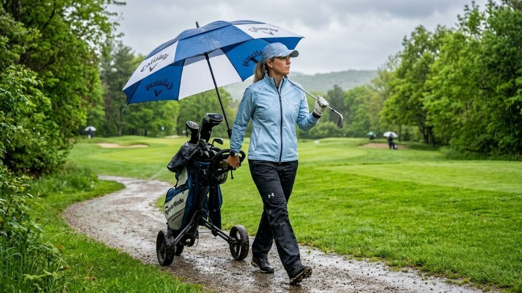 A woman golfer pushes her clubs along a wet path while holding a blue and white Callaway umbrella in the rain.