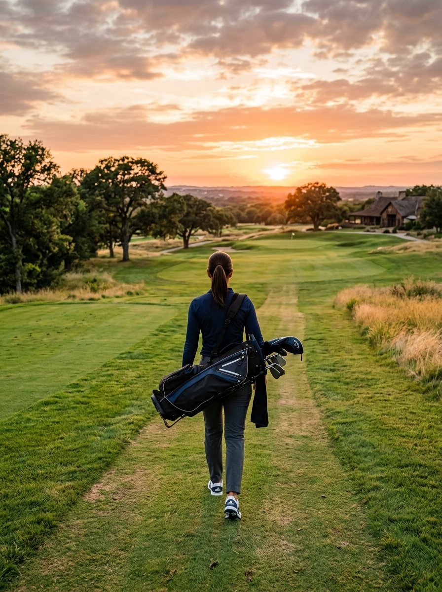 A golfer walks down a grassy fairway toward a beautiful sunset over rolling hills.