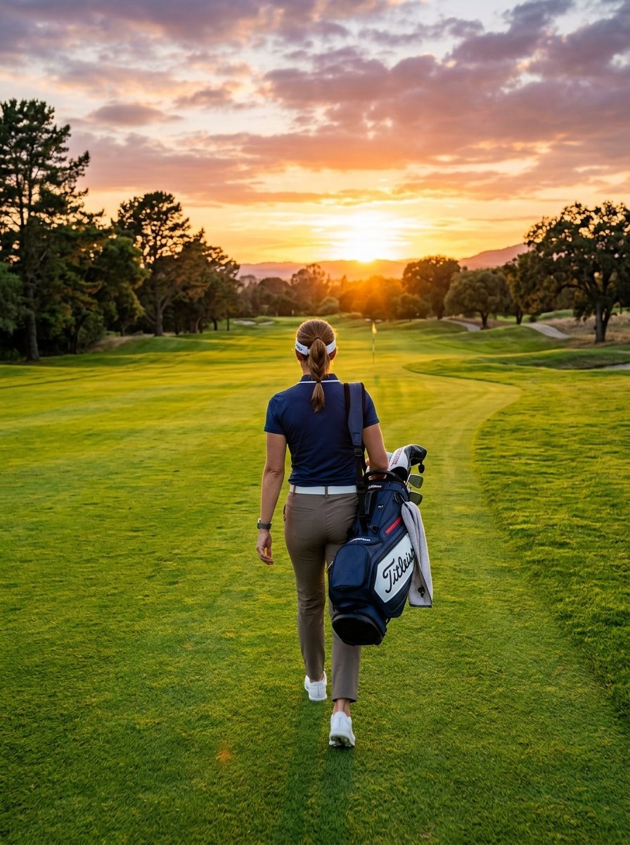 A golfer walks across a green fairway towards a vibrant sunset at a scenic golf course.