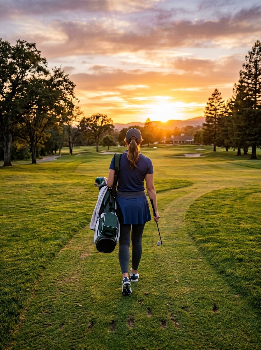 A golfer carrying a bag walks away from the camera along a green path during a scenic golden hour sky.