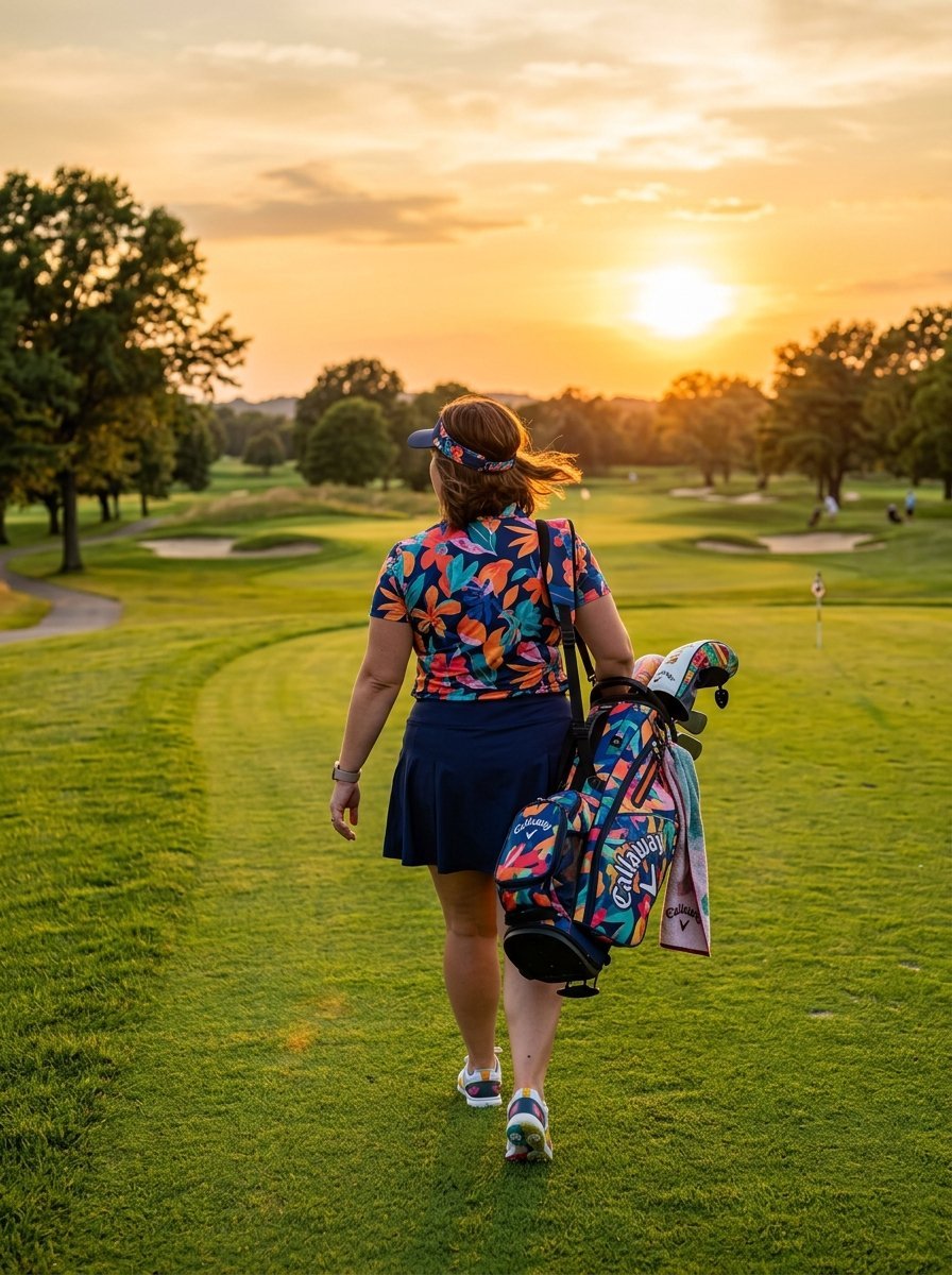 Golfer with floral bag walking on a course at sunset