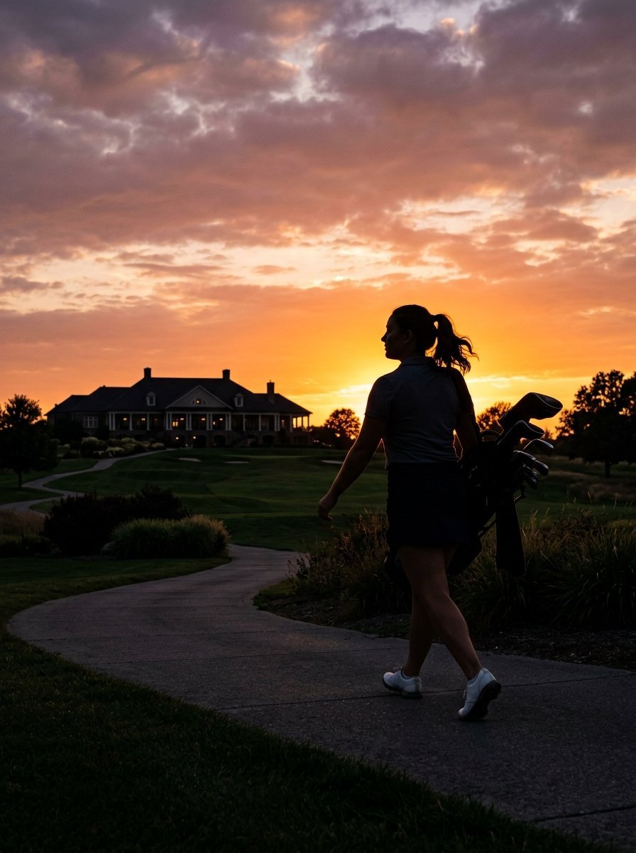 Silhouette of a female golfer walking along a winding path toward a clubhouse during a vibrant orange sunset.