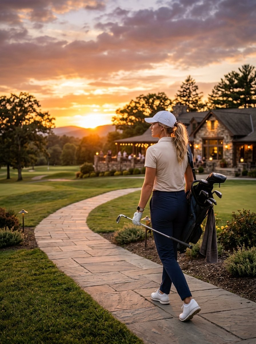 A female golfer carrying clubs walks on a stone walkway toward a clubhouse as the sun sets over the mountains.