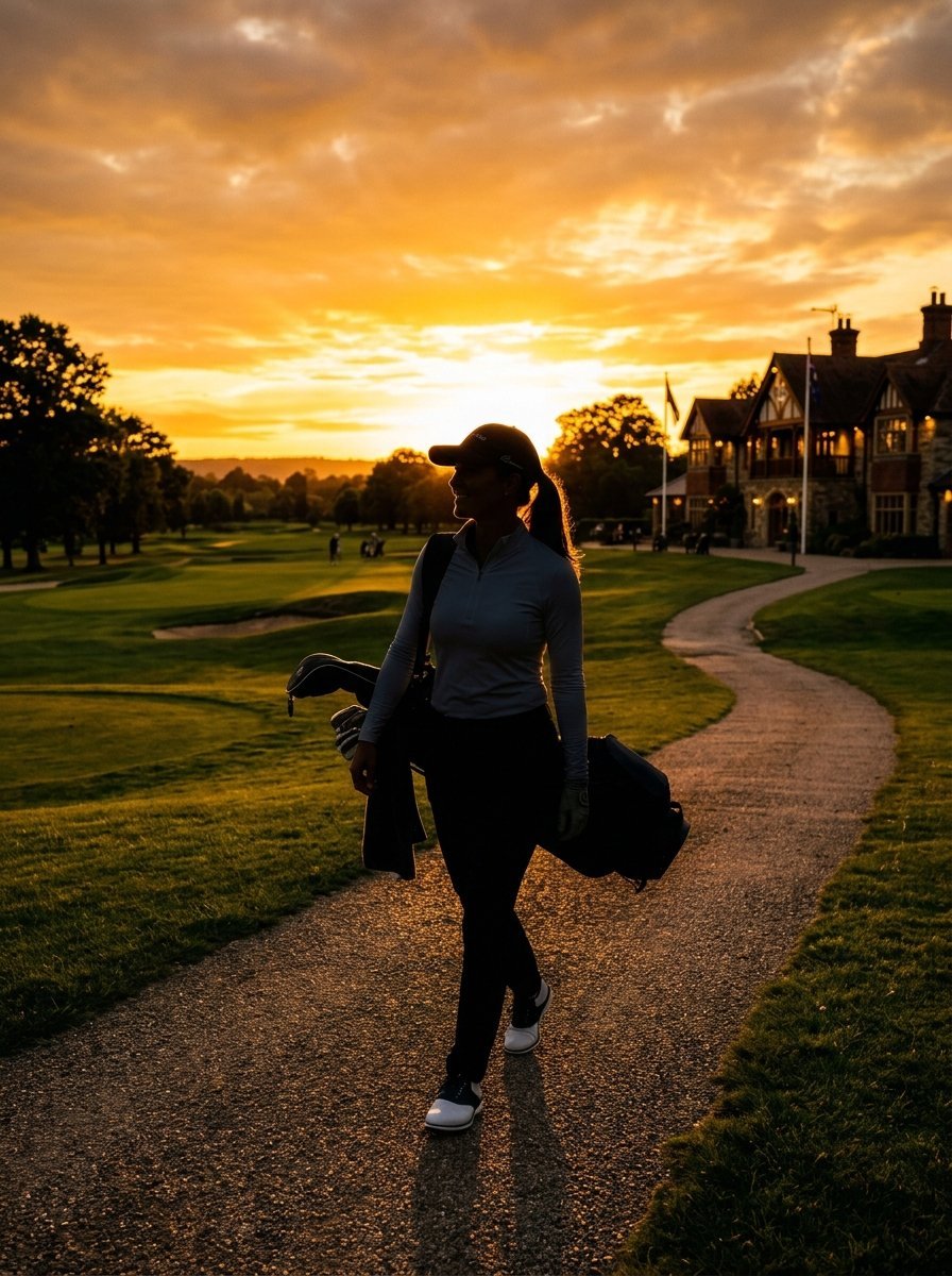 Golfer walking on a gravel path near a clubhouse during a bright orange sunset.
