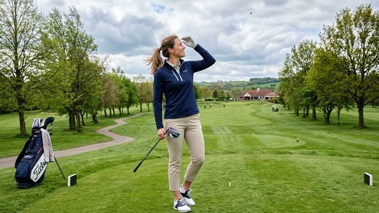 Golfer in navy pullover standing on the tee box shielding her eyes to look at a drive.