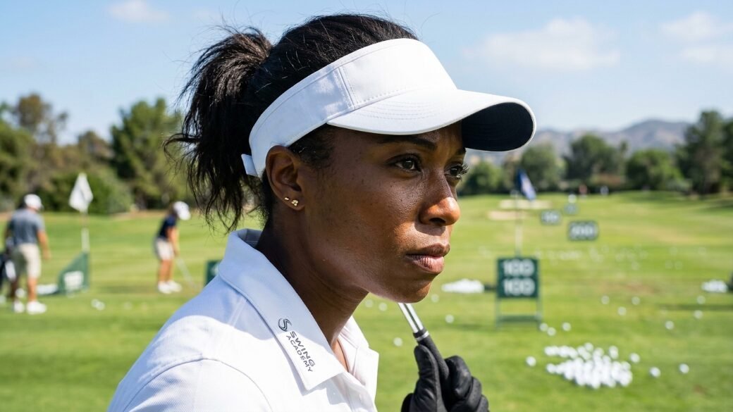 Portrait of a Black woman in a white golf shirt and visor standing on a sunny practice range.