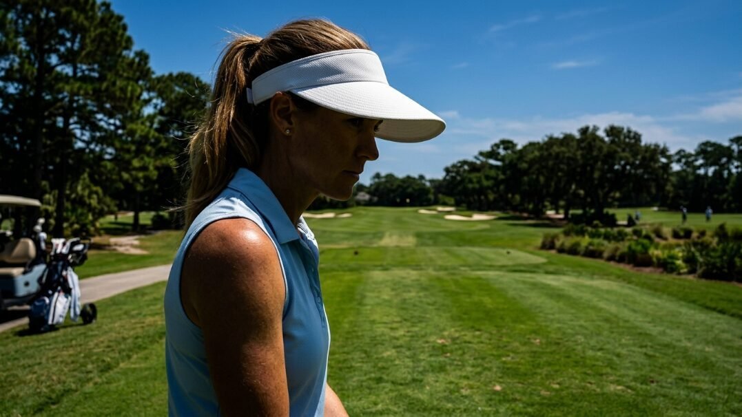 Side profile of a woman in a light blue polo and white visor looking out over a green golf fairway.