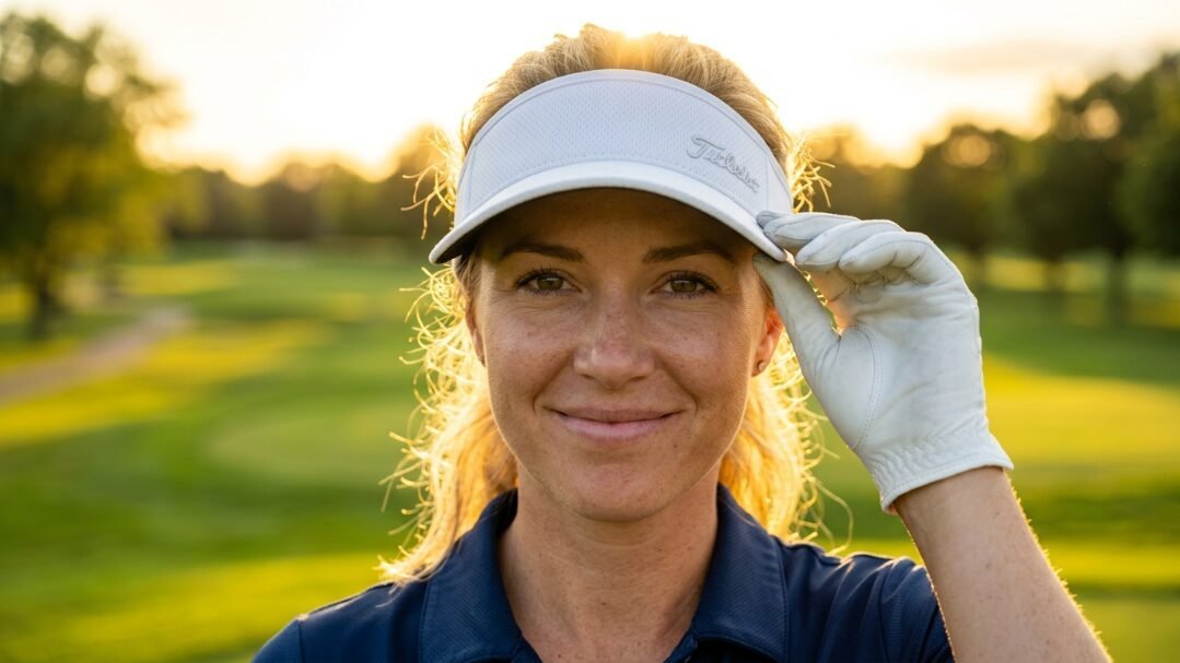 Portrait of a blonde woman wearing a white golf visor and glove on a sunny golf course.