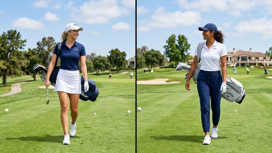 Two women wearing golf apparel walk across a fairway carrying their golf bags over their shoulders.