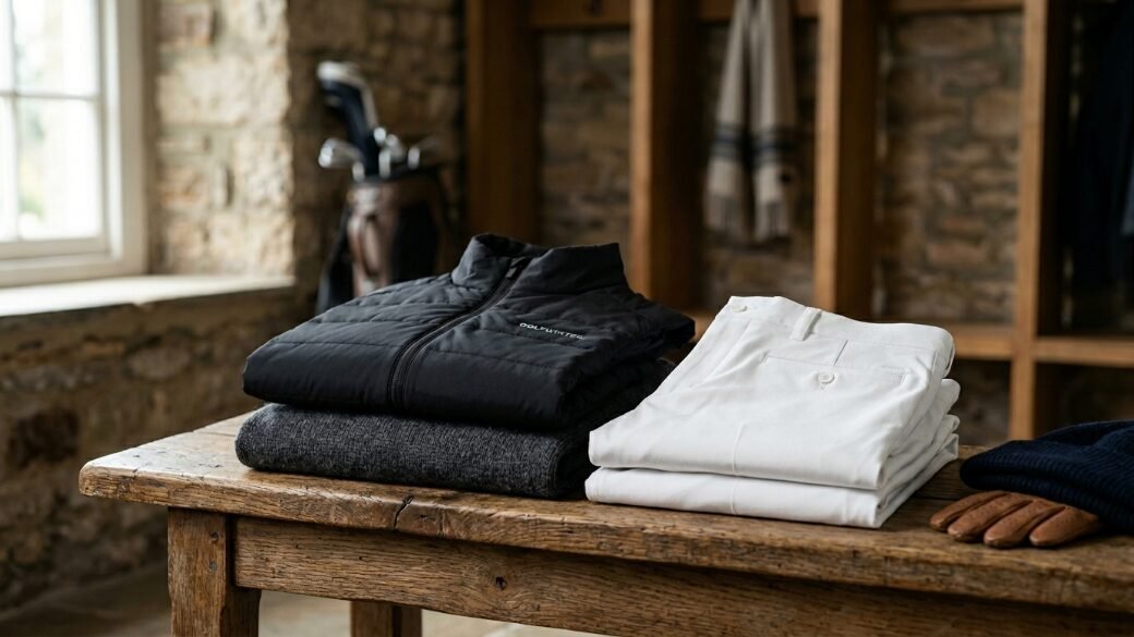 Folded black vest, grey sweater, and white trousers arranged neatly on a rustic wooden surface.