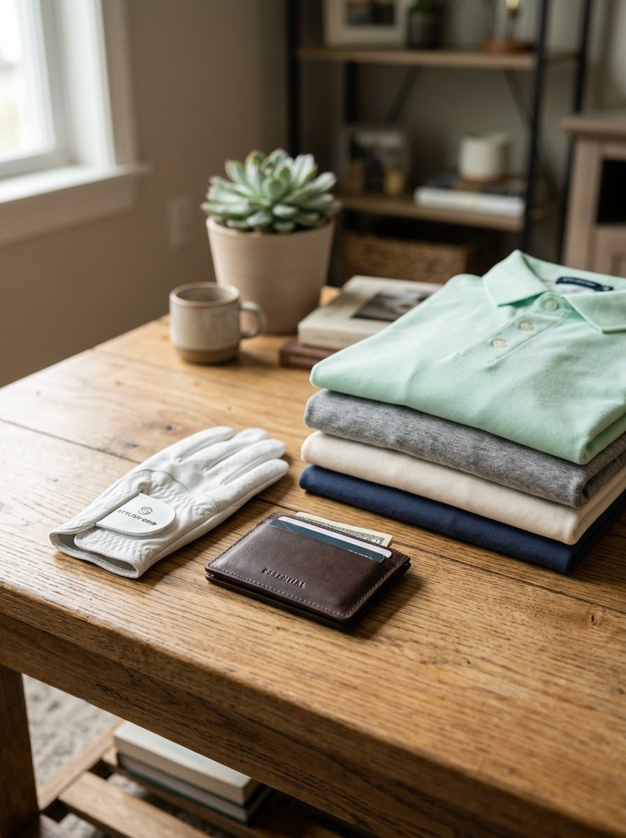 A white golf glove and leather wallet placed on a rustic table beside a stack of folded polo shirts and a succulent.