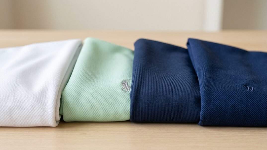 A stack of white, light green, and navy blue pique knit polo shirts sitting on a light wooden table.