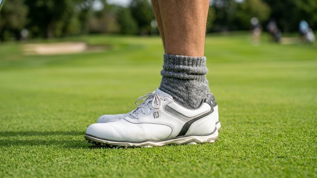 Golfer wearing grey socks and white FootJoy leather shoes standing on a bright green grass course.