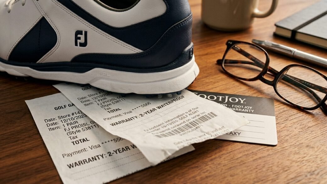 FootJoy golf shoe placed on top of itemized receipts and a warranty card on a wooden desk with reading glasses.